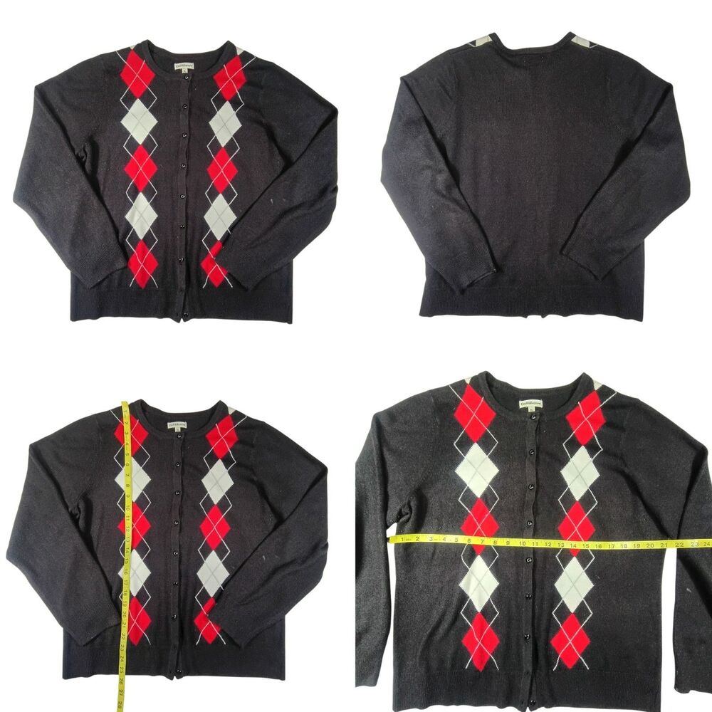 Croft & Barrow Cardigan Womens XL Black Red White Argyle Diamond Preppy Grandma